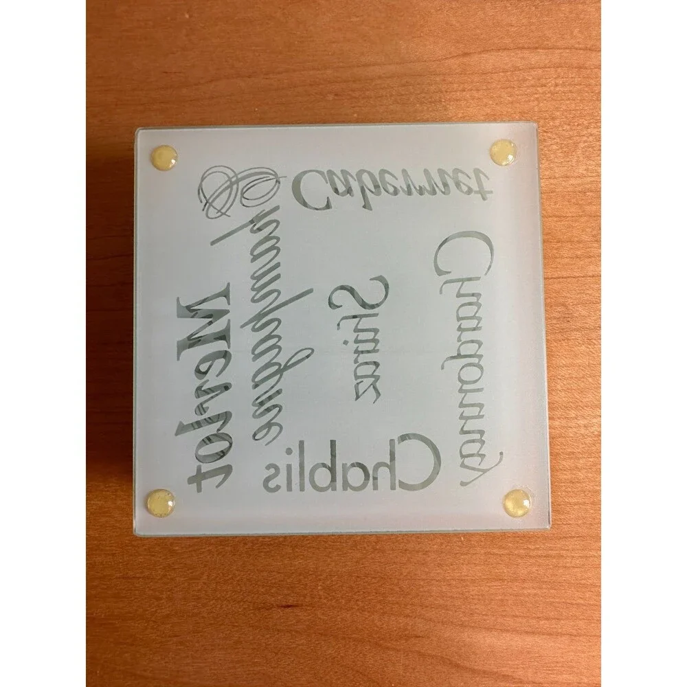 Frosted Glass Wine Coaster Set 6 w/ Metal Caddy Merlot Chardonnay Barwar